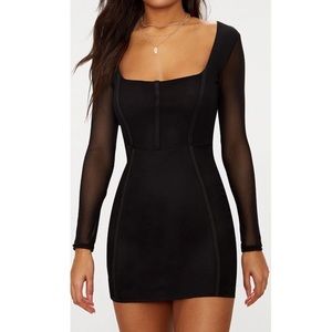 sheer mesh square neck binding detail mini dress